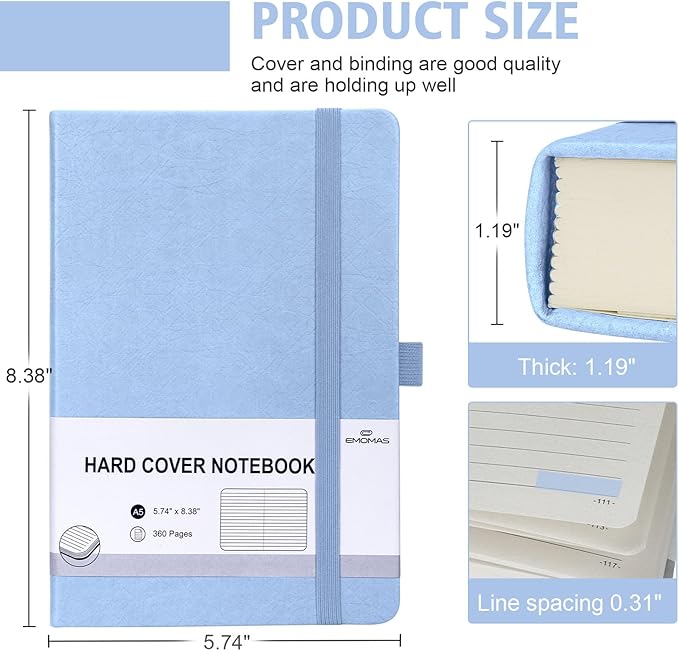 Lined Journal Notebook, 360 Numbered Pages(With page number), Thick Journal for Writing A5 College Ruled Notebook, 100gsm Lined Paper, Leather Hardcover, 5.75'' X 8.38''-1 Pack, Sky Blue