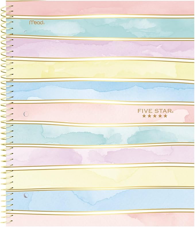Five Star Spiral Notebook + Study App, 1 Subject, Wide Ruled, 8" x 10-1/2", 80 Sheets, Pastel Stripes (930209F-ECM)