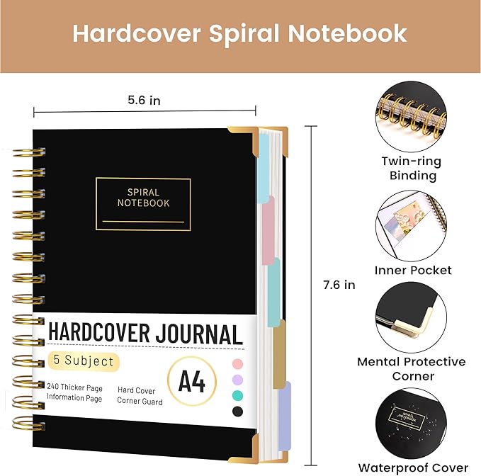 Spiral Notebooks for Work School with Tabs 5.5"x7.5" Small Spiral Journals Notenook for Women with Dividers 220 Pages College Ruled Composition 5 Subject Notebook, Back to School, Black