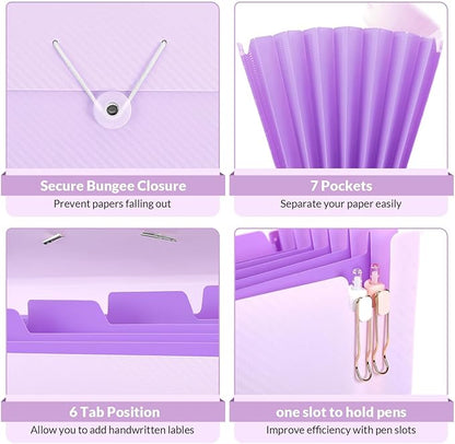 SKYDUE Expanding File Folder with 7 Pockets, Accordion File Organizer, Portable Folders for Documents, School Office Supplies Bungee Closure, Letter/A4 Size Purple