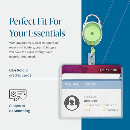 Will Well ID Badge Holders with Clip and Keyring - Horizontal Clear Plastic 3.7" x 2.5" Sleeves Fit Up to 3 Cards - Retractable 24" UHMWPE Fiber Pull Cords - 2-Pack, Transparent Green Reels