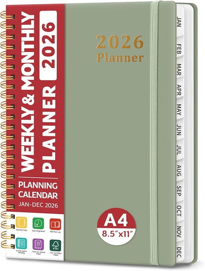 2026 Planner, Weekly and Monthly Calendar Planner, January 2026 - December 2026, Hardcover 2026 Calendar Planner Book with Tabs For Women & Men, Inner Pocket, Spiral Bound, Perfect for Office Home School Supplies - A4 (8.5" x 11"), Green
