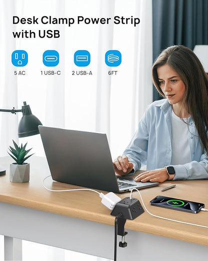 Desk Clamp Power Strip, Surge Protector with 5 AC Outlets and 3 USB Ports, Desk Mount Charging Station, Fit 1.97in Tabletop Edge Thick, 6FT Extension Cord, for Home Office Gaming Accessories