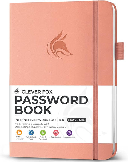 Clever Fox Password Book with Alphabetical tabs. Internet Address Organizer Logbook. Medium Password Keeper for Website Logins (Peach Pink)