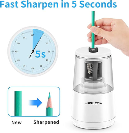 JARLINK Electric Pencil Sharpener, Heavy-Duty Helical Blade to Fast Sharpen, Auto Stop for No.2/Colored Pencils(6-8mm), USB/Battery Operated in School Classroom/Office/Home (White)