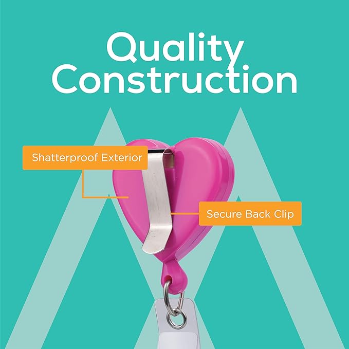 Will Well Badge Holders with Belt Clips for Securing onto Pockets and Purse Straps, with Retractable 27.5" UHMWPE Fiber Pull Cords, Strong Build with Fun Designs - 2-Pack, Heart Shape