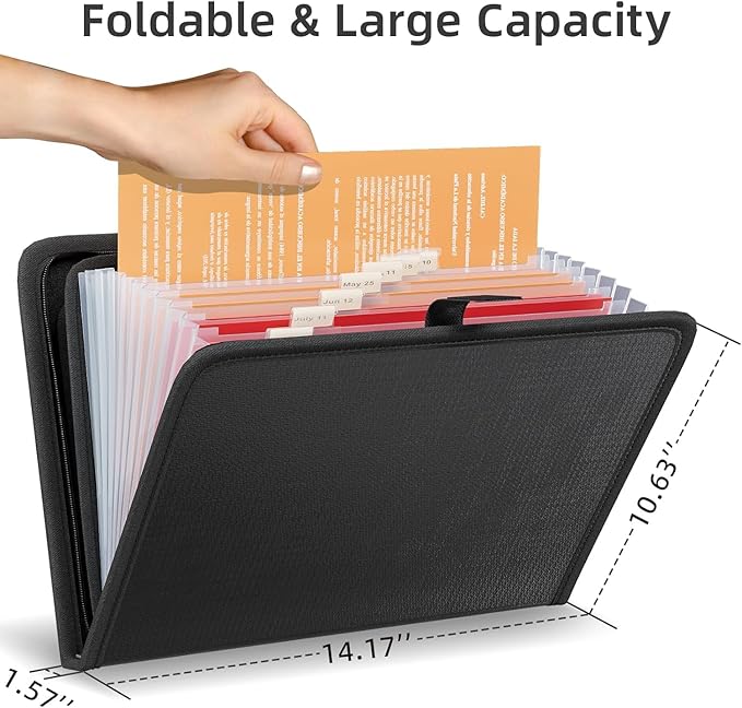 Fireproof Accordion File Organizer, Portable Expanding File Folder with Waterproof Zipper&Labels, Jet Black Document Organizer with 13 Pockets, File Organizer for Important Document/Paper Storage