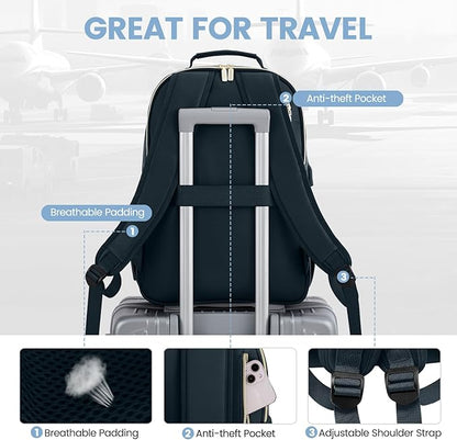 LOVEVOOK Leather Backpack for Women,17.3 inch Leather Laptop Backpack Women Computer Backpack Laptop Bag,Stylish Quilted Travel Backpack Purse Work Bag Teacher Backpack with USB Port,Dark Blue-green