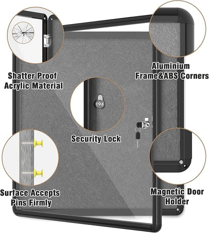28"x26" Enclosed Bulletin Board, Lockable Weather-Resistant Aluminum Cork Noticeboard for School & Office, Black Frame w/Grey Flet