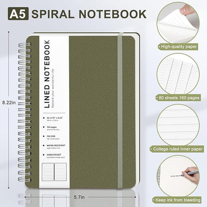 Lined Spiral Journal Notebook, A5 Hardcover Leather Notebook for Work, 5.7''×8.2'', 100GSM Thick Paper Spiral Bound Journaling Notebooks for Women & Men Office School Note Taking Business, Green