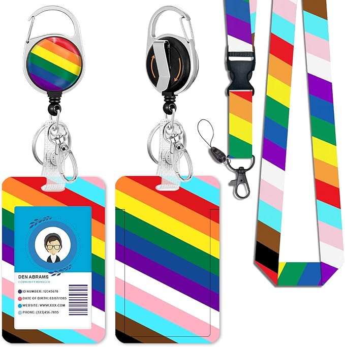 ID Badge Holder with Breakaway Lanyard, Retractable Badge Reel Heavy Duty, Lanyards for ID Badges Ajustable, Rainbow Flag