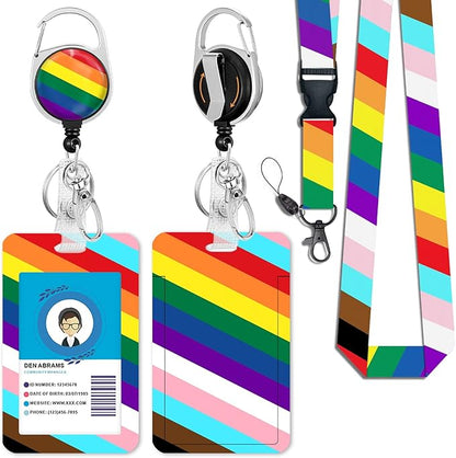ID Badge Holder with Breakaway Lanyard, Retractable Badge Reel Heavy Duty, Lanyards for ID Badges Ajustable, Rainbow Flag