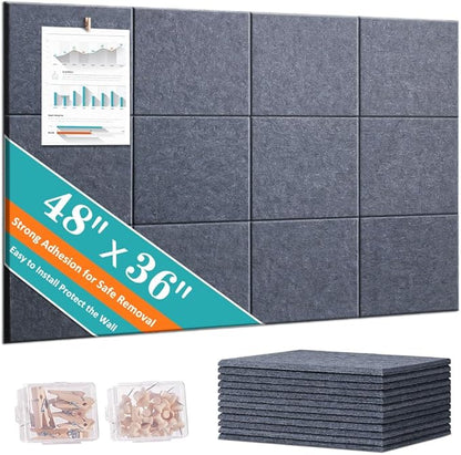 Large Cork Bulletin Board - 48" x 36" Cork Board for Walls - 12 Pack Felt Wall Tiles with Safe Removable Adhesive Tabs - Bulletinboard for Office & School & Home Decor - Drak Grey