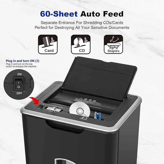 Paper Shredder for Home Office, 60 Sheets Auto Feed, 55dB Super Quiet, P-4 Cross Cut, 2.4m/min High-Speed Shredding, 5.8 Gallon Bin, CD/Credit Card Shredder with Anti-Jam & Dual Modes