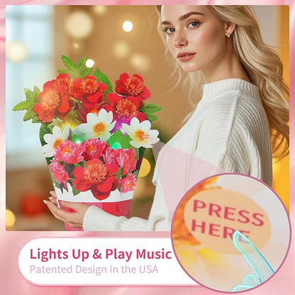 3D Pop Up Magnolia Flower Bouquet Card - Musical Birthday Card with LED Lights, Mother’s Day, Anniversary, Graduation, Thank You & Congratulations Gift for Women, Men, Friends, Family