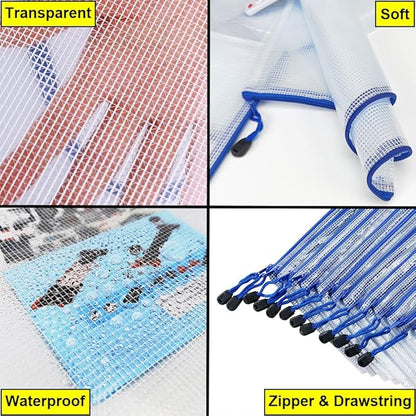 AUSTARK 10 Pcs Zipper File Bags, Waterproof Plastic Mesh Pouch for Office School, Board Game Storage Bags (A4 Size 13.4''x9.4'', White and Blue)
