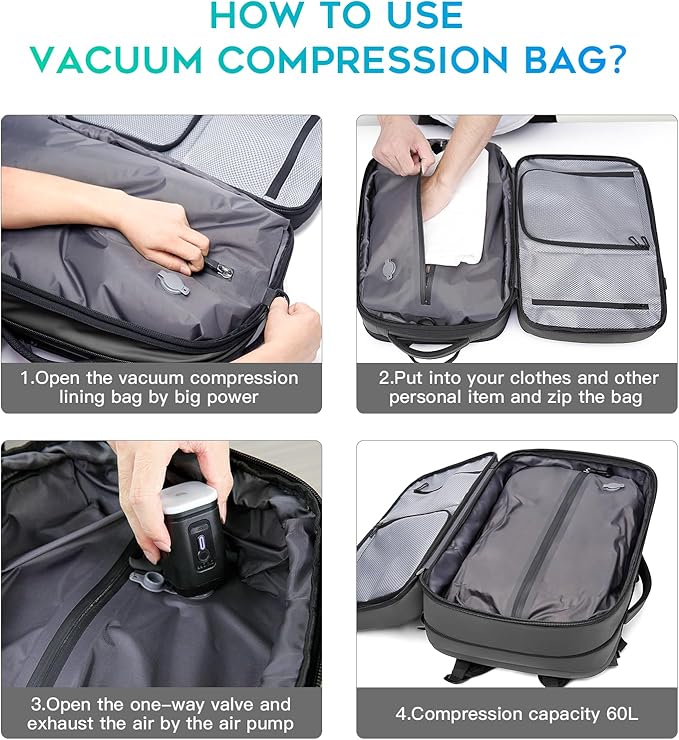 BANGE Airback Backpack,60L Expandable Travel Backpack Vacuum Compression with Air Pump, Waterproof and Anti-Theft Laptop Backpack for Hiking, Business and Travel