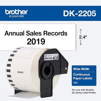 Brother Genuine, DK-2205 Continuous Paper Label Roll, Cut-to-Length Label, 2.4” x 100 Feet, (1) Roll Per Box