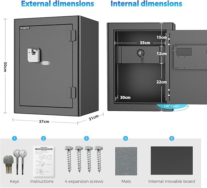 WASJOYE Fingerprint Biometric Safe Box Fireproof - Fingerprint Safe Box with Fireproof Lock Box, 2.5 Cubic Feet Fingerprint Safe for Home Office Hotel Jewelry Cash Documents Valuables Storage