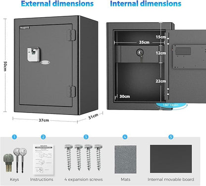 WASJOYE Fingerprint Biometric Safe Box Fireproof - Fingerprint Safe Box with Fireproof Lock Box, 2.5 Cubic Feet Fingerprint Safe for Home Office Hotel Jewelry Cash Documents Valuables Storage