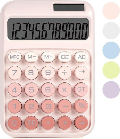 Mechanical Switch Calculator with Big Buttons, Calculators Desktop, 12 Digits, Solar Battery Power, Desk Calculator, Large LCD Display, Cute Pink Calculator for Teachers Students Basic Office