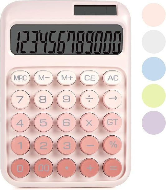 Mechanical Switch Calculator with Big Buttons, Calculators Desktop, 12 Digits, Solar Battery Power, Desk Calculator, Large LCD Display, Cute Pink Calculator for Teachers Students Basic Office