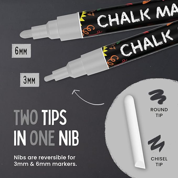 5 Silver Chalkboard Chalk Markers - Silver Dry Erase Markers for Blackboard, Chalkboard Signs, Windows, Glass | Variety Pack - Fine & Jumbo Size Ink Pen (1mm, 3mm, 6mm, 10mm, 15mm)