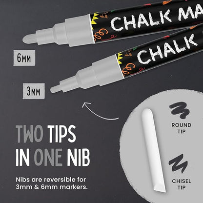 5 Silver Chalkboard Chalk Markers - Silver Dry Erase Markers for Blackboard, Chalkboard Signs, Windows, Glass | Variety Pack - Fine & Jumbo Size Ink Pen (1mm, 3mm, 6mm, 10mm, 15mm)