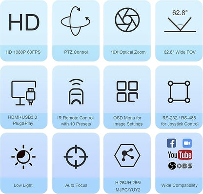 HDMI/USB PTZ Camera 10X Optical Zoom 60fps 1080P Video Conference Camera for Church Worship Live Streaming Meeting Online Learn with Zoom Skype OBS and More