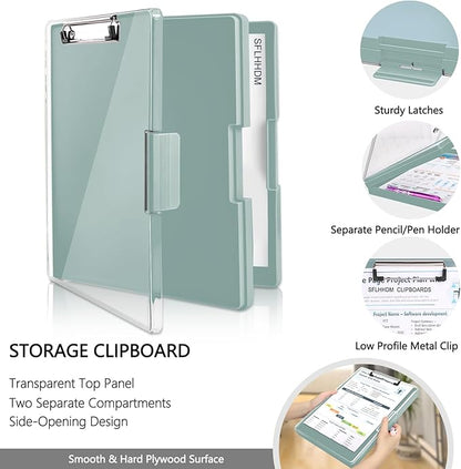 Clipboard with Storage,Heavy Duty Clip Boards 8.5x11 with 2 Storage Case,Clear Visible Top Panel Storage Clipboards,Side Open Clip Boards,Nursing Clipboard Folder Case for Office Supplies-Dark Green