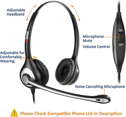 Wantek Wired Telephone Headset Dual Ear with 2.5mm Jack, Noise Cancelling Mic, Quick Disconnect, Work for Cordless Phones AT&T ML17929 TL86103 Panasonic KX-DT543 KX-T7730 Vtech RCA Cisco (602QJ25)