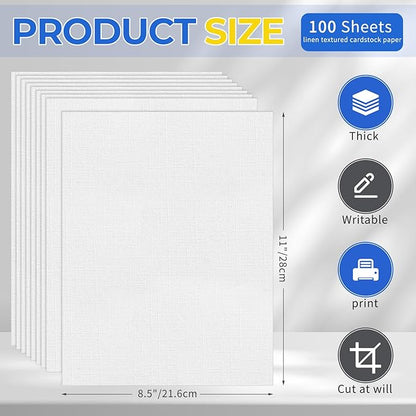 100 Sheets Linen Textured Cardstock Paper, 8 1/2 x 11" Blank White Printer Paper for Invitation Cards Making Office Printing Crafting Scrapbook DIY Projects, 92 lb Cover