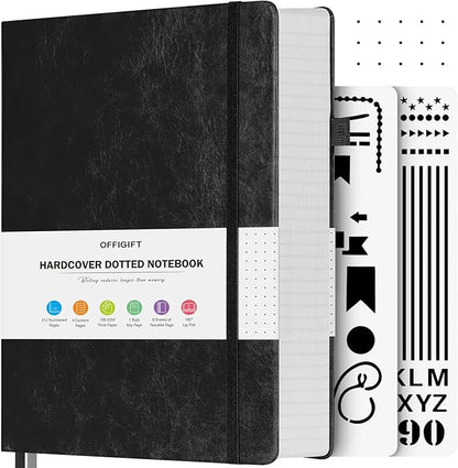 Bullet Dotted Journal Notebook, 312 Numbered Pages A5 Hardcover Leather Journal, 100gsm No Bleed Paper Dot Grid Notebook with Index Pages, Dot Journal for Women Men, 5.75" x 8.38", Black