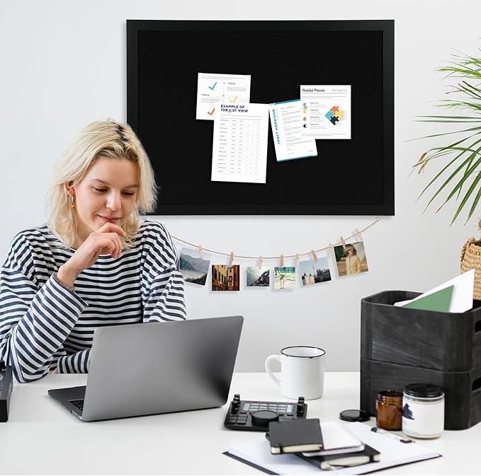 DOLLAR BOSS Large Black Cork Board Double-Sided Bulletin Board with Linen 24''x 18'', Black Cork Boards for Walls Wood Frame Hanging Pin Board, Cork Board for Office Home School 1-Pack