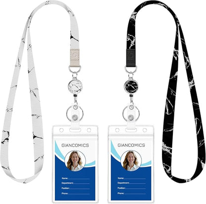 Giancomics Lanyards for Id Badges, Black Marble Lanyards with Retractable Reel, Waterproof ID Badge Holder for Cruise Ships Cards Key, Cute Work Name Tag Zip Card Protector 2 Pack
