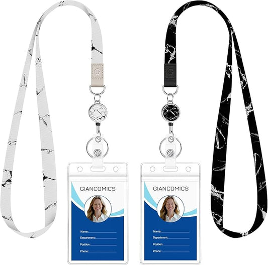 Giancomics Lanyards for Id Badges, Black Marble Lanyards with Retractable Reel, Waterproof ID Badge Holder for Cruise Ships Cards Key, Cute Work Name Tag Zip Card Protector 2 Pack