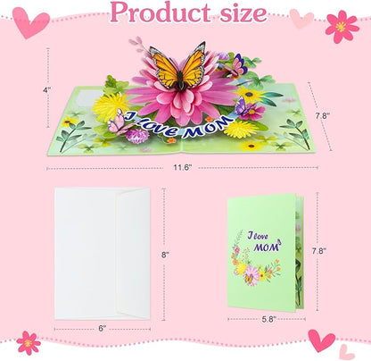 D4DREAM Mothers Day Pop Up Card for Mom - 3D Butterfly Flower Greeting Card with Envelope and Note Tag I Love Mom Pop Up Birthday Gift for Her from Daughter Son