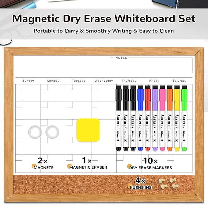 Dry Erase Monthly Calendar Board for Wall, 17"x13" Hanging Board, Magnetic White Boards, Rustic Brown Wood Frame White Board Cork Board Combo, Calendar Bulletin Board for Kitchen Planner Memo Office