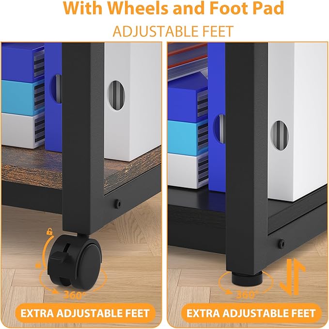 Under Desk Printer Stand, 2-Tier 19.5''x 16''x 22'' Rolling Printer Stand Storage Shelves for Printer, Scanner, Fax Machine, Files, Books with Anti-Skid Feet for Home, Office, Black