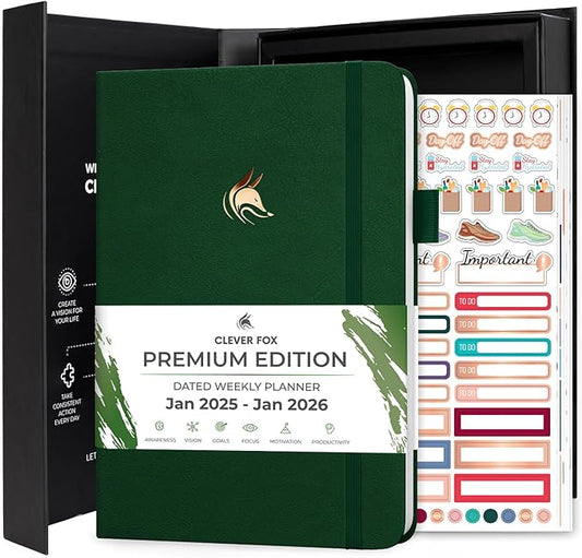 Clever Fox Dated Planner Premium Edition – 2025-2026 Weekly Planner for Planning, Goal Setting & Time Management – Planner Notebook with Habit Tracker & to-do List – A5 Size (Forest Green)