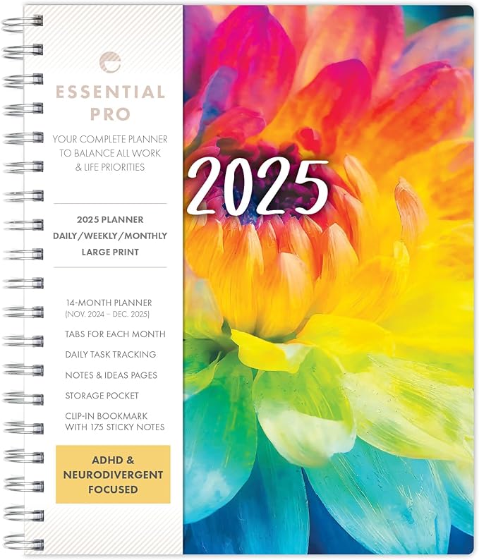 Essential PRO 2025 Daily, Weekly & Monthly Planner, 7"x9": 14 Months (Nov 2024 - Dec 2025) Monthly Tabs,Daily Tracking,Notes Pages,Storage Pocket,Bookmark w Sticky Notes (Rainbow Petals)