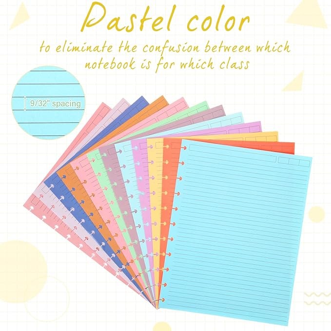 PerKoop 12 Pack 480 Sheets Colored Discbound Refill Paper 8.5 x 11 Inch College Ruled 11 Disc Letter Size Lined Paper Multicolored Refill Notebooks Disc Paper for Refill Paper Journaling(Candy Color)