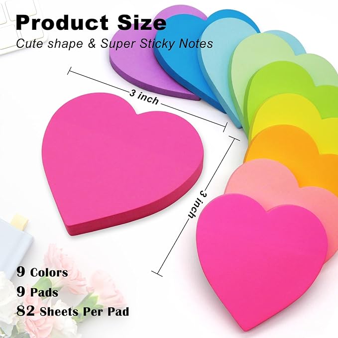 738 Sheets Heart Sticky Notes, 9 Pads Super Cute Heart Shaped Sticky Notes 82 Sheets/Pad,9 Color Bright Colorful Sticky Pad Strong Adhesive Post, Clean Removal