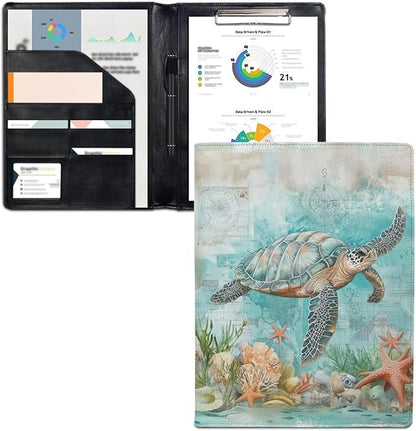 Cozeyat Beach Starfish PU Leather Portfolio Professional Organizer Padfolio for Women Girls, Sea Turtle Document Folio for Letter Size Writing Pad/Business Card Holder