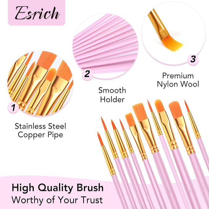 ESRICH Acrylic Paint Brushes Set, 10 Packs/ 100 Pcs Watercolor Brushes,Nylon Brush Head, for Oil Painting, Gouache, Face,Ceramics etc, Kid's and Adults Painting Arts and Crafts Paint Sets.