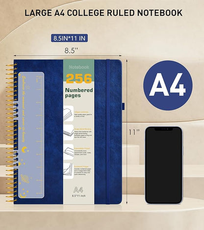 A4 Spiral Notebook Journal 8.5” x 11”, 256 Numbered Pages Hardcover Leather Journals for Women Men, Large Lined College Ruled Notebooks, 100GSM Thick Paper, Spiral Bound Journal for Work School, Navy