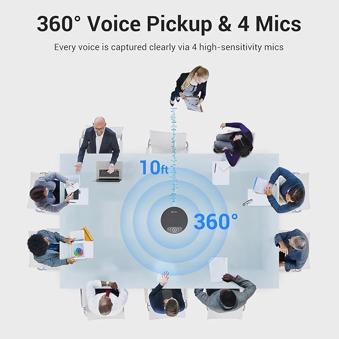 Conference Speaker and Microphone, 4 AI Mics 360° Voice Pickup, Plug & Play, Bluetooth Speakerphone w/dongle, Wireless Daisy Chaining, Noise Reduction, for Meeting, Home Office, NewPie 91