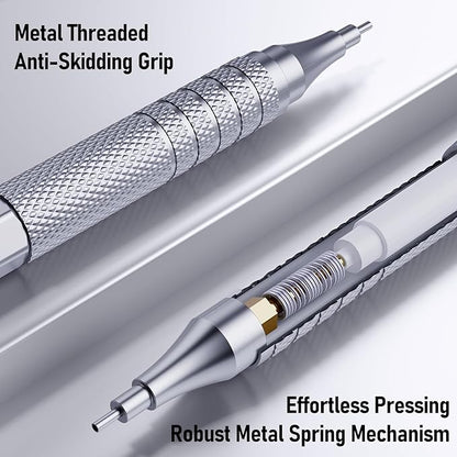 Four Candies Metal Mechanical Pencil Set, 3PCS Art Drafting Pencils 0.5, 0.7, 0.9MM & 2PCS 2MM Mechanical Drawing Pencils with 420PCS Leads (4B 2B HB 2H Color) for Writing Sketching Drawing (Silver)