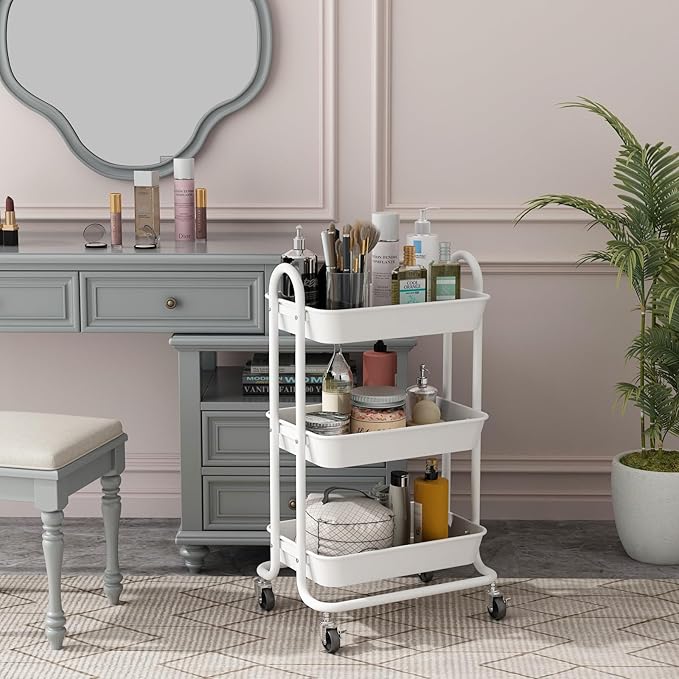 3-Tier White Utility Rolling Cart,Kitchen Storage Carts with Wheels,White Metal Rolling Cart for Office,Home,Kitchen,Garden（18"x11.4"x31.2"）