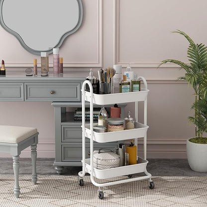 3-Tier White Utility Rolling Cart,Kitchen Storage Carts with Wheels,White Metal Rolling Cart for Office,Home,Kitchen,Garden（18"x11.4"x31.2"）